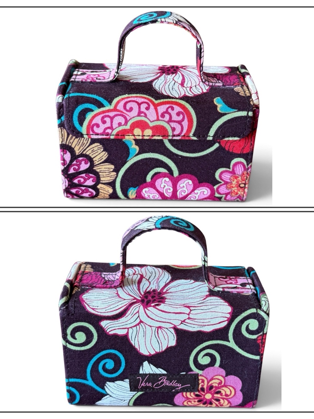 Retired Vera Bradley Mod Floral Pattern Jewelry  Case Brown Pink Green Red White